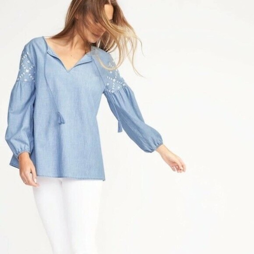 Old Navy Womens Size S Chambray Embroidered Tunic Top Balloon Sleeve Tassel Blue - Picture 3 of 8